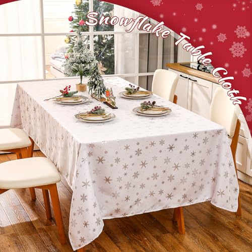 Mixweer White Winter Snowflake Christmas Tablecloth 60 x 108 Inches Washable Spillproof Holiday Decor