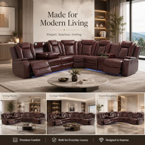 Daydo Sempli Red Power Reclining Sectional Sofa with LED Lights & Cup Holders