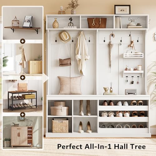 70-Inch Large Hall Tree with Bench and LED Lights, Farmhouse Entryway Storage