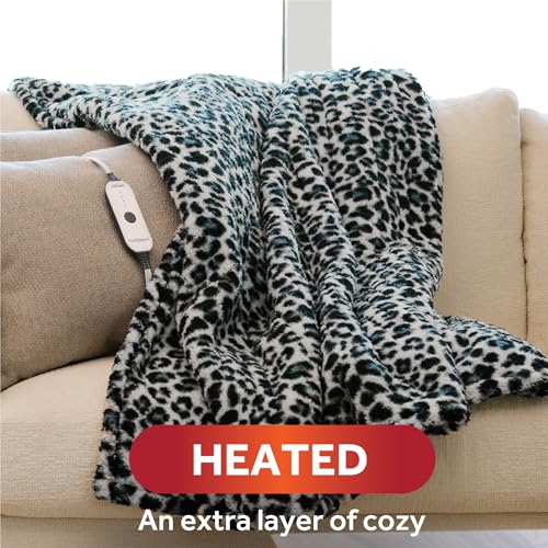 Royal Sherpa Heated Throw Blanket with Foot Pocket, 50" x 60", Blue Leopard