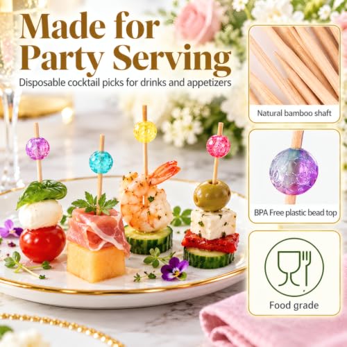 Multicolor Crackle Bead Cocktail Picks - 100 Pack Long Bamboo Appetizer & Garnish Skewers
