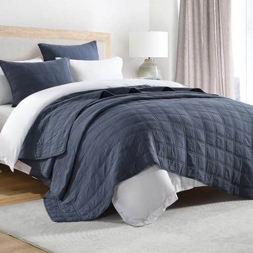 100% Cotton Quilt Set Twin Size - Pre-Washed Denim Blue Bedspread with Sham