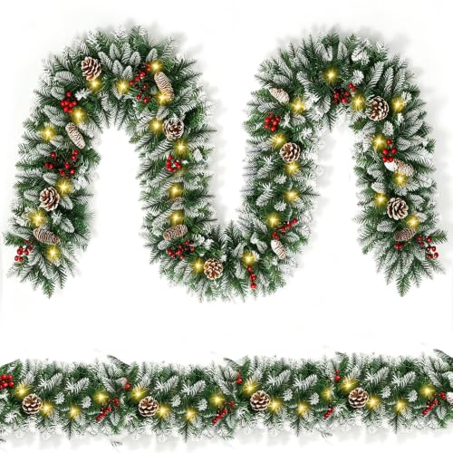 Christmas Garland with Lights - 9 Ft White with 50 LEDs, 9 Modes