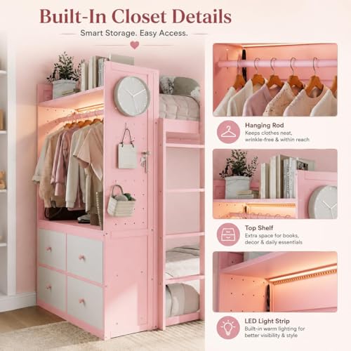 Twin Over Twin Wooden Bunk Bed with Storage Drawers and LED Lights