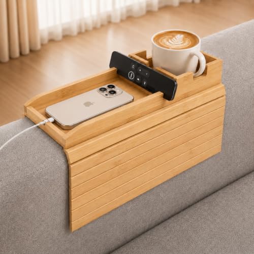 Bamboo Couch Arm Tray Table with Cup Holder, Foldable Sofa Armrest Tray