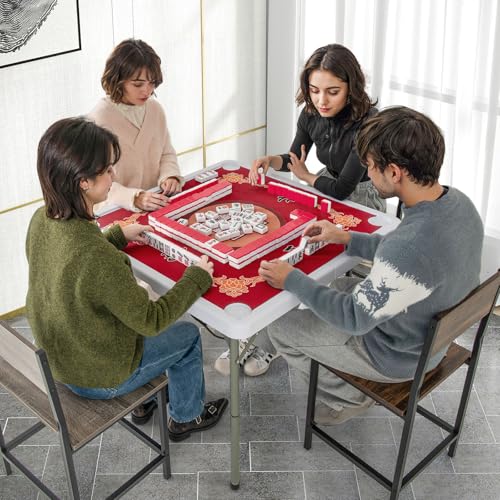 35-Inch Folding Mahjong Table with Cup Holders and Noise Reduction Mat