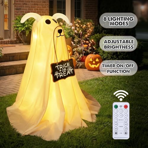 Zesua 2.3 FT Light-Up Ghost Dog Halloween Decoration with Trick or Treat Sign