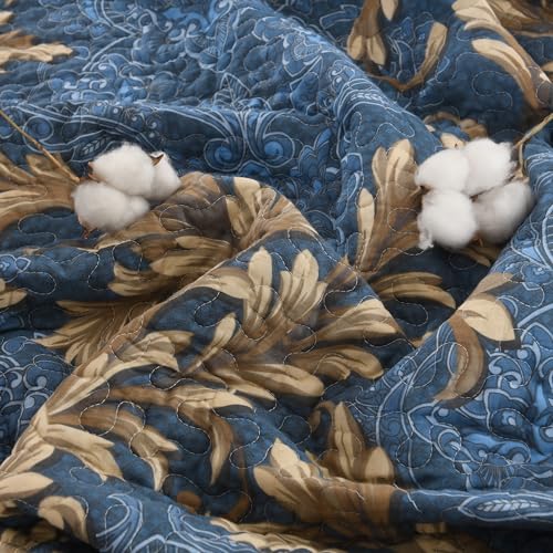 100% Cotton King Quilt Set - Reversible Blue Damask 3-Piece Bedspread