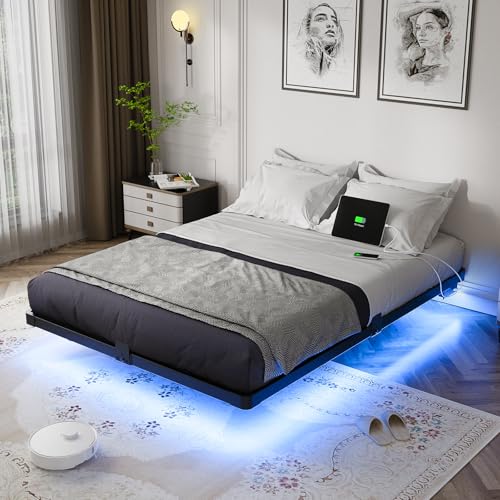 Full Size Floating Metal Platform Bed Frame with LED Lights & Charging Station