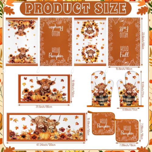 10-Piece Highland Cow Kitchen Decor Set - Farmhouse Towels, Rugs & Oven Mitts