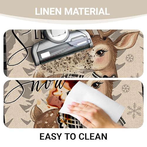 Winter Reindeer Snowman Kitchen Rugs Set of 2 Snowman Deer Variation - 17x29 & 17x47 Inches