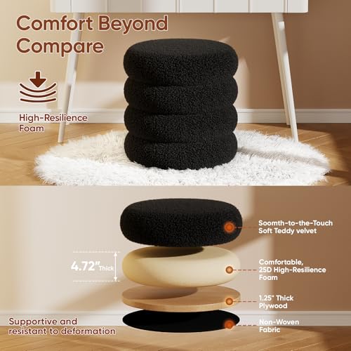 Round Teddy Storage Ottoman with Tray - 17.5 Inch Plush Vanity Stool