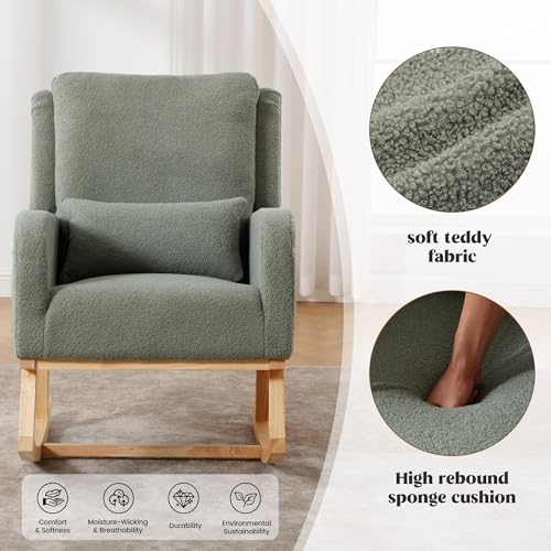 Upholstered Nursery Rocking Chair with Lumbar Pillow and Side Pockets, Green