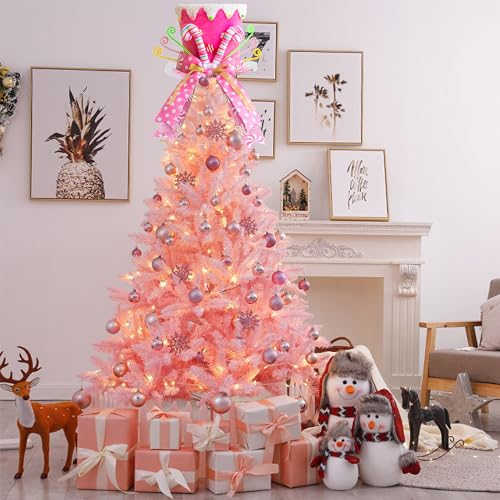 Pink Candy Cane Top Hat Christmas Tree Topper with Long Ribbon Bow