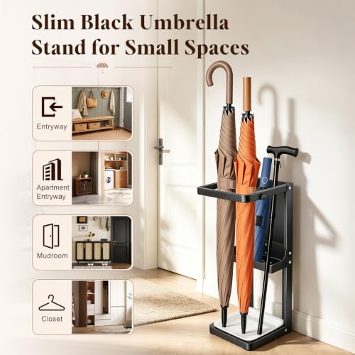 Metal Umbrella Stand for Entryway with Drip Tray and Compact Rack