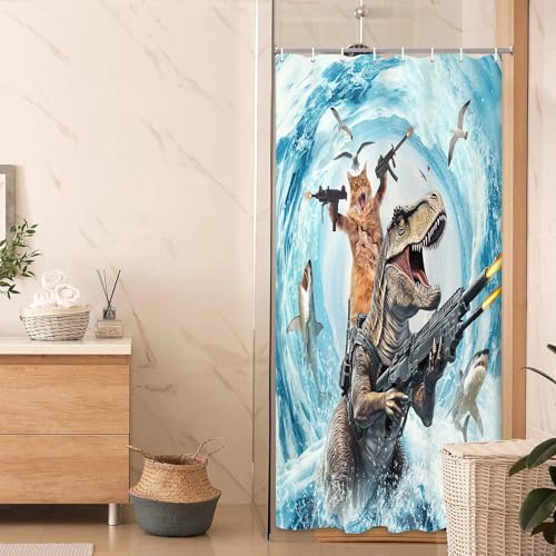 Funny Cat Shower Curtain Set with Dinosaur Ocean Theme - Waterproof Kids Bathroom Decor