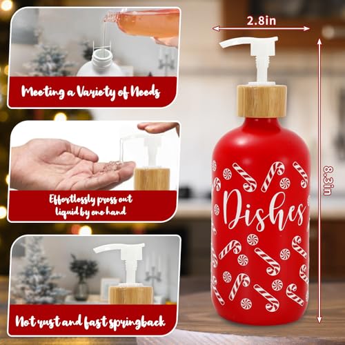 FYSUIMU Christmas Candy Theme Glass Soap Dispenser Set with Wooden Tray - Refillable Liquid Hand & Dish Soap Pump, 2 Pack
