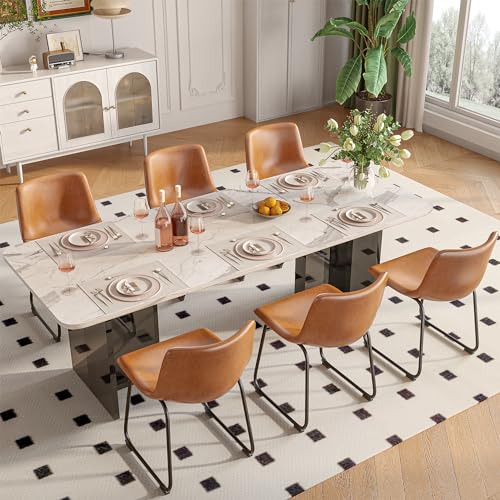 Modern PU Leather Dining Chairs - Set of 6 Brown Armless Kitchen Chairs