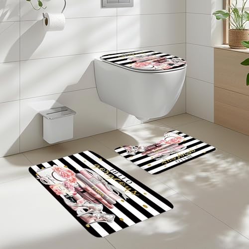 4-Piece Girly Bathroom Shower Curtain Set with Rugs and Hooks