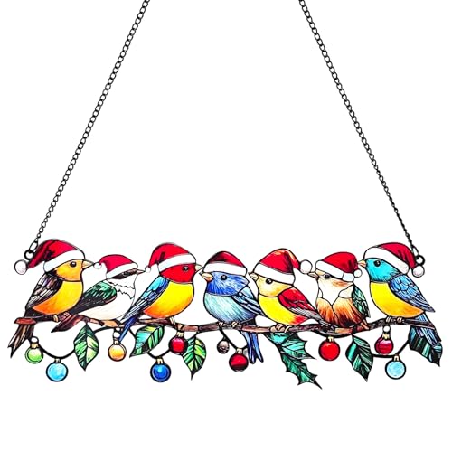 Christmas Bird Window Decor with 6 Cardinal Ornaments - Metal Wall Hanging for Holiday Home & Garden