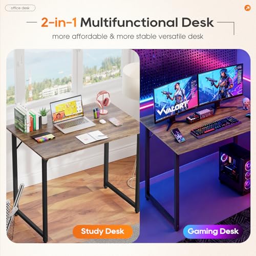 32 Inch Computer Desk for Small Spaces - Brown Writing Desk with Steel Frame