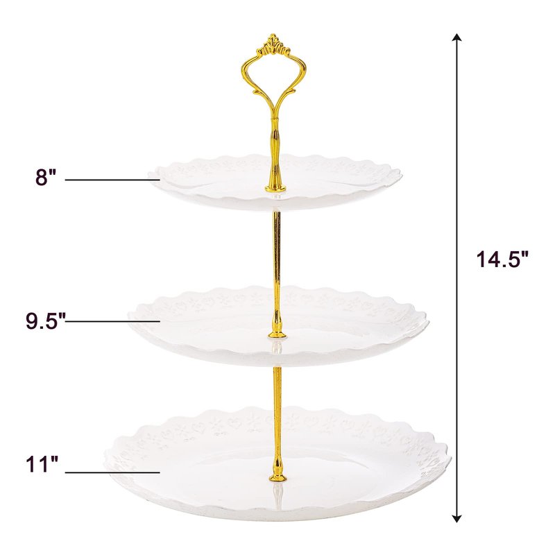 Tosnail 3 Pack 3 Tiers White Plastic Cupcake Stand Dessert Stand Tiered Serving Trays, Embossed Party Serving Trays Fruit Pastry Holders for Wedding and Party - Gold Crown Rod