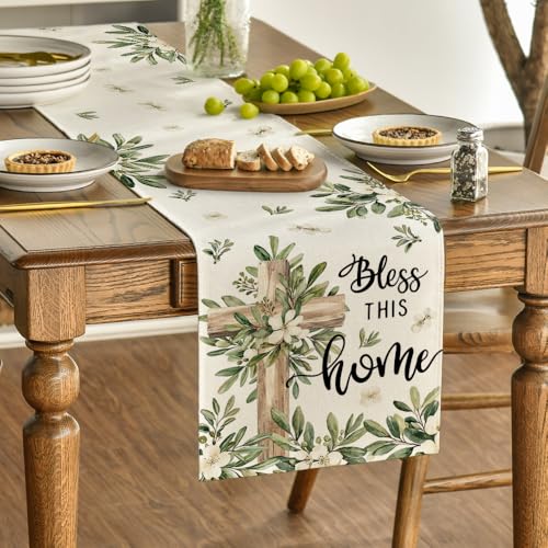 Artoid Mode Cross Olive Leaves Spring Table Runner 13x72 Inch Beige Home Decor