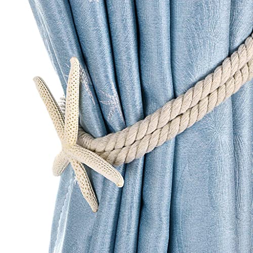 2 Pcs Natural Starfish Curtain Tiebacks, Handmade Woven Cotton Rope Holders