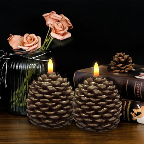 Pine Cone Candles (Golden-Brown) 4.8 in Battery-Operated 2-Pack w/ Remote & Timer - Flameless Pinecone Decor