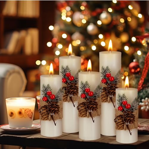 Conelist 5-Pack White Christmas Pillar Candles with Berries - 5 Sizes