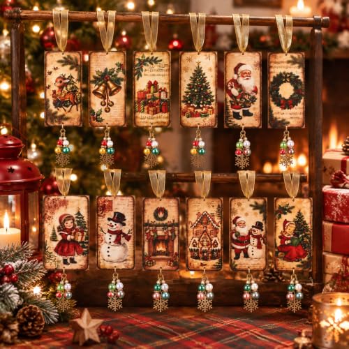 Kigeli 12-Pack Vintage Wooden Christmas Ornaments - Double-Sided Rustic Snowman, Santa, Reindeer & More