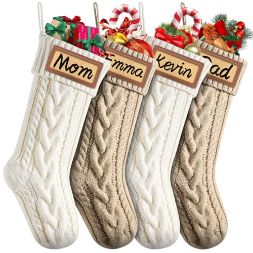 Dalzom 4Pcs Personalized 18" Christmas Stockings with Leather Patches - Ivory/Flaxen, Custom Name Family Set