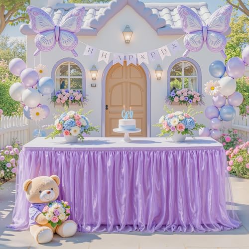 Purple Tulle Ruffle Table Skirt, 6ft Shimmer Tutu for Party & Desk Decor