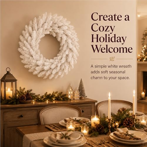 24-Inch White Artificial Christmas Wreath for Front Door and Home Decor