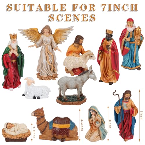 Nativity Scene Figures Set for Christmas - 12 Hand-Painted Resin Holiday Decor, 7 Inch Baby Jesus, Mary, Joseph, Kings, Animals, Stable & Palm Tree