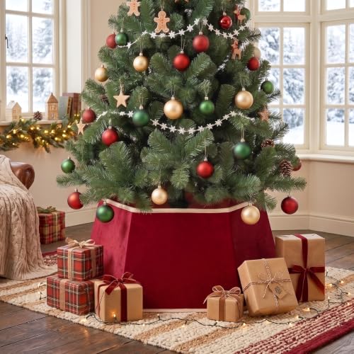 26-Inch Red Velvet Christmas Tree Skirt with Gold Trim & Fasteners