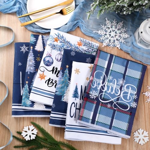 Oudain 6 Pcs Blue Christmas Kitchen Towels - Winter Dish Towel Set