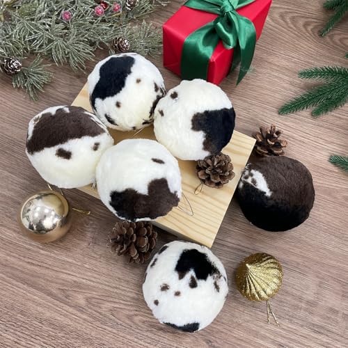 ElegantPark Ball Cowhide Christmas Ornaments Set of 10 - 3 inch Farmhouse Xmas Decor, White