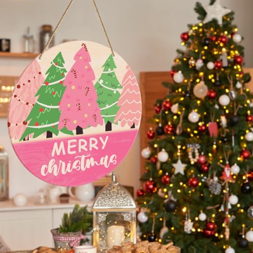 ZODGMED P6 Christmas Merry Christmas Sign for Front Door Porch Home Decor, 10.2x10.2 Inch Wooden Hanging Holiday Sign