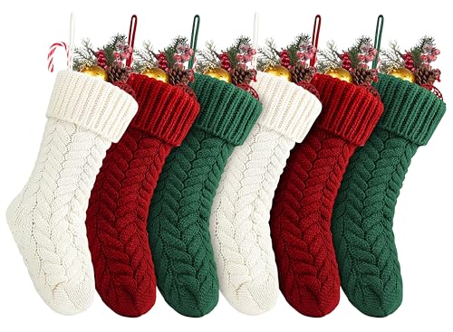 18-Inch Cable Knit Christmas Stockings, 6-Pack Large Holiday Decor