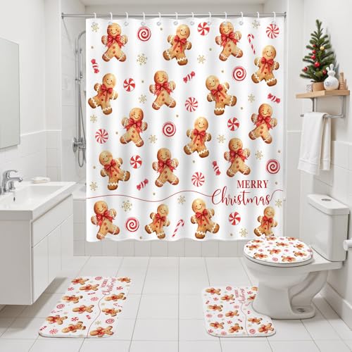 Christmas Shower Curtain Set Gingerbread Bath Decor 4pcs Waterproof Holiday