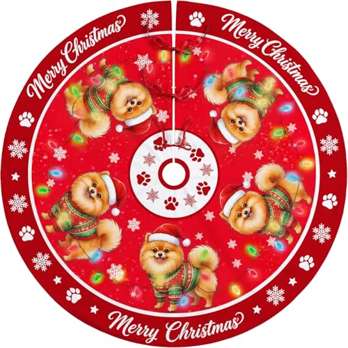 Pomeranian Christmas Tree Skirt 48” - Indoor/Outdoor Holiday Decor for Pets
