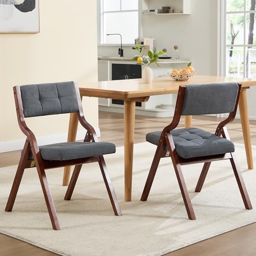 Padded Wooden Folding Dining Chairs - Walnut & Dark Grey, Set of 2