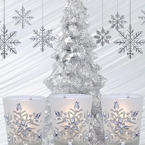 Snowflake Frosted Glass Candle Holders with LED Candles - Set of 3
