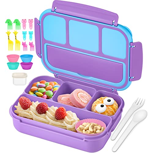 QQKO Bento Lunch Box for Kids & Adults with 4 Compartments, Utensils, and Sauce Cup, Purple