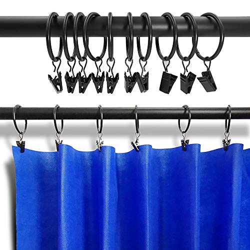 Heavy Duty Black Metal Curtain Rings with Clips, 1.5 Inch - 20 Pack