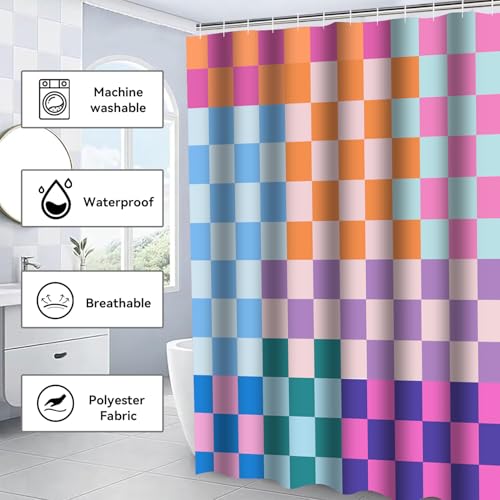 4-Piece Checkered Shower Curtain and Bath Rug Set with Toilet Mat
