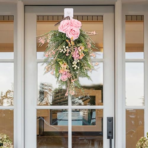 19.7-Inch Artificial Rose and Berry Teardrop Swag for Front Door Decor