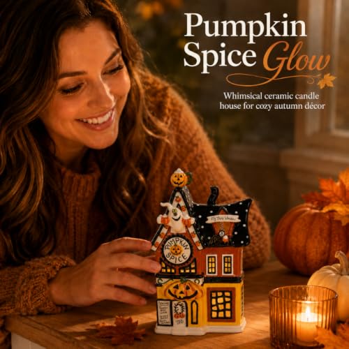 Blue Sky Clayworks Pumpkin Spice Latte Candle House - Ceramic Coffee Shop Decor, 6.25"