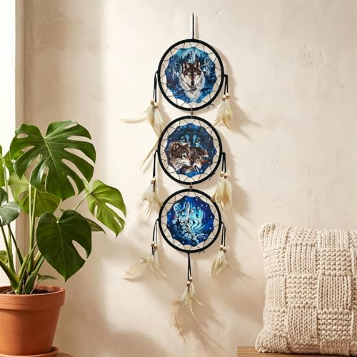 Wolf Dream Catcher Wall Hanging, 6-Inch 3-Layer Wildlife Art Decor
